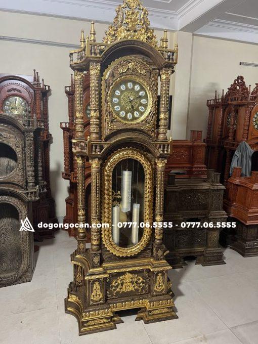 Đồng hồ dát vàng mẫu tứ trụ gỗ mun đuôi công cao cấp