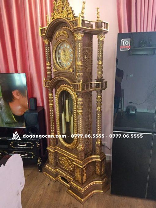 Cây Đồng Hồ Mẫu Tứ trụ gỗ mun đuôi công dát vàng cao cấp