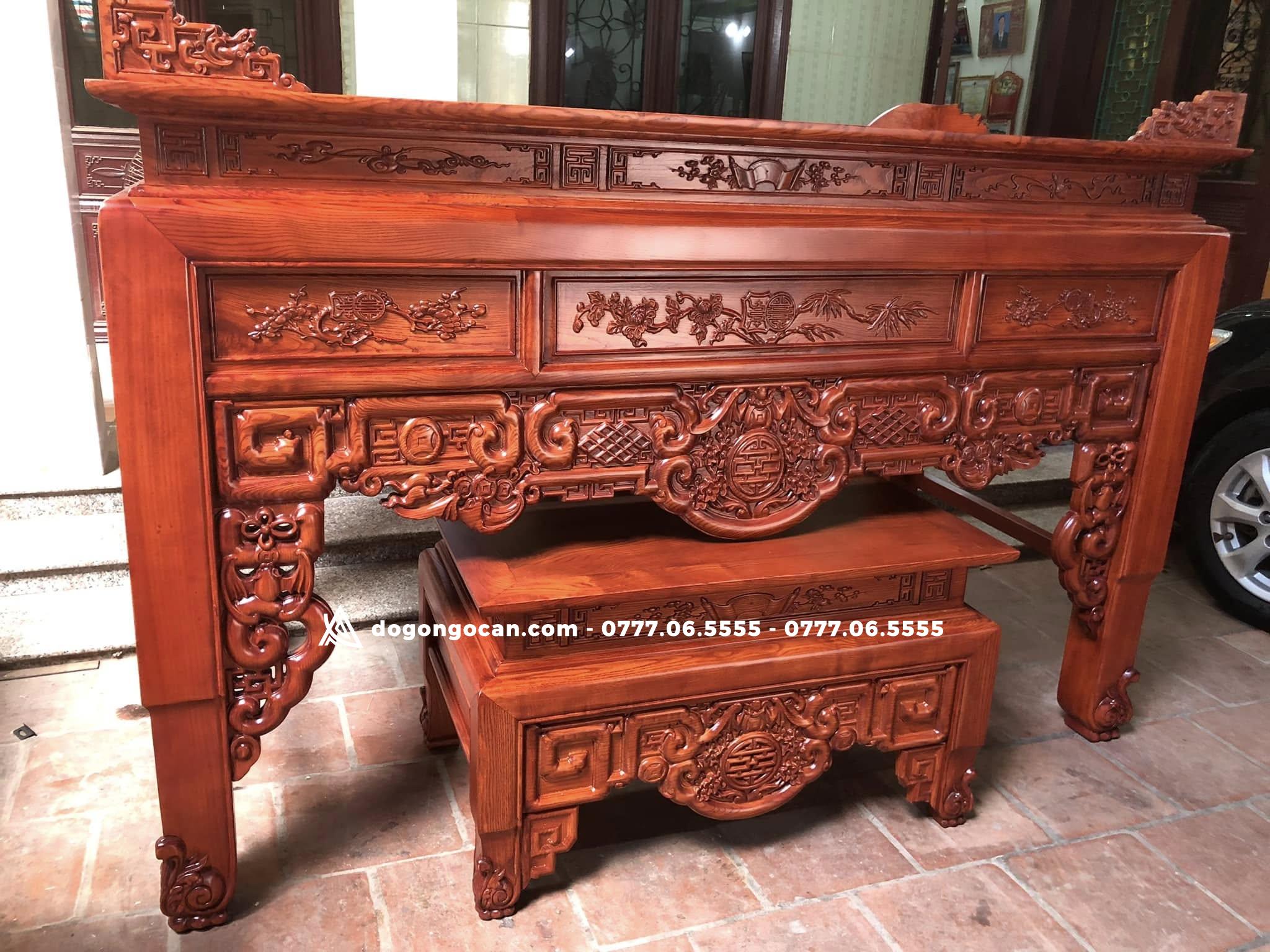 Sập thờ dạ ngũ phúc kim tiền chân hoa chân 12 kèm bàn cơm gỗ sồi nga 2 Sập thờ dạ ngũ phúc kim tiền chân hoa chân 12 kèm bàn cơm gỗ sồi nga