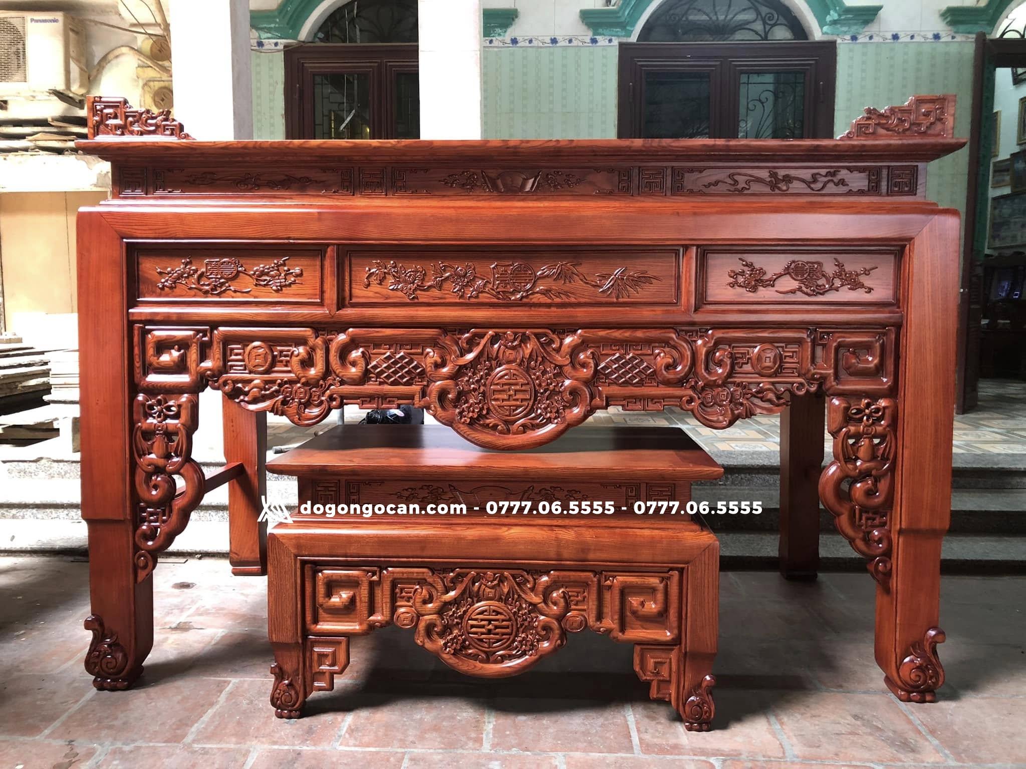 Sập thờ dạ ngũ phúc kim tiền chân hoa chân 12 kèm bàn cơm gỗ sồi nga 3 Sập thờ dạ ngũ phúc kim tiền chân hoa chân 12 kèm bàn cơm gỗ sồi nga