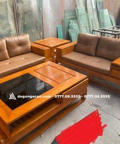 Sofa góc zito chân đùi gà gỗ sồi nga phun màu trần kèm da hàn quốc