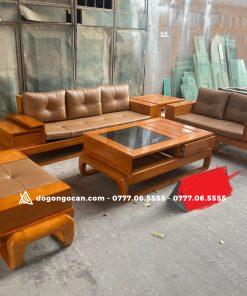 Sofa góc zito chân đùi gà gỗ sồi nga phun màu trần kèm da hàn quốc