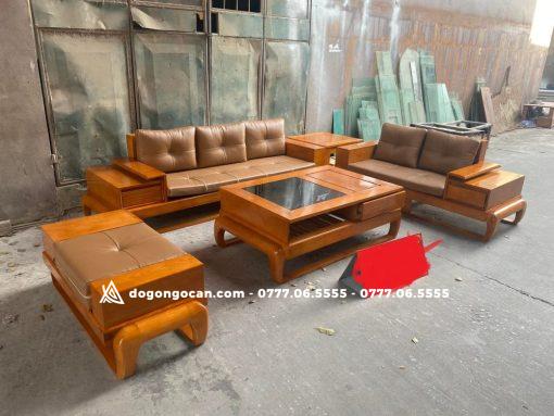 Sofa góc zito chân đùi gà gỗ sồi nga phun màu trần kèm da hàn quốc