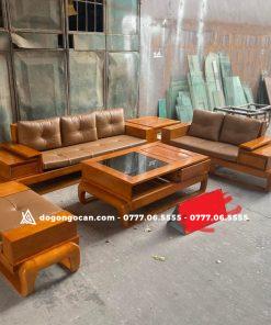 Sofa góc zito chân đùi gà gỗ sồi nga phun màu trần kèm da hàn quốc
