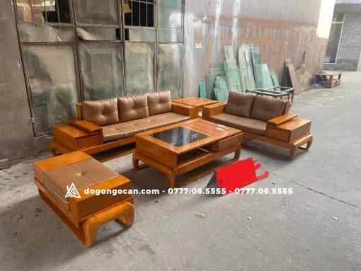 Sofa góc zito chân đùi gà gỗ sồi nga phun màu trần kèm da hàn quốc