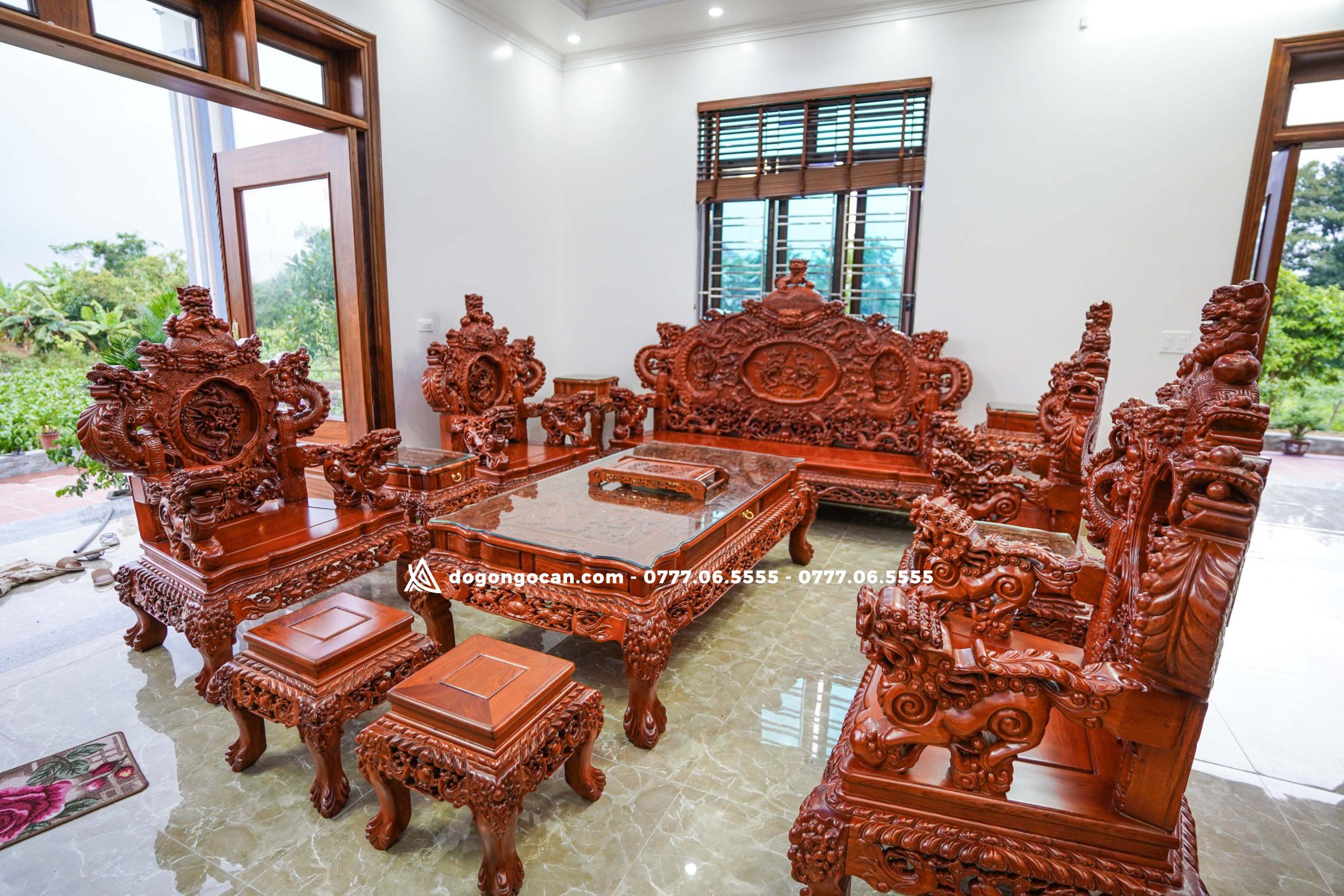 Bộ Bàn Ghế rồng đỉnh gỗ hương đỏ lào chân 14 đoản 2m6 3 Bộ Bàn Ghế rồng đỉnh gỗ hương đỏ lào chân 14 đoản 2m6