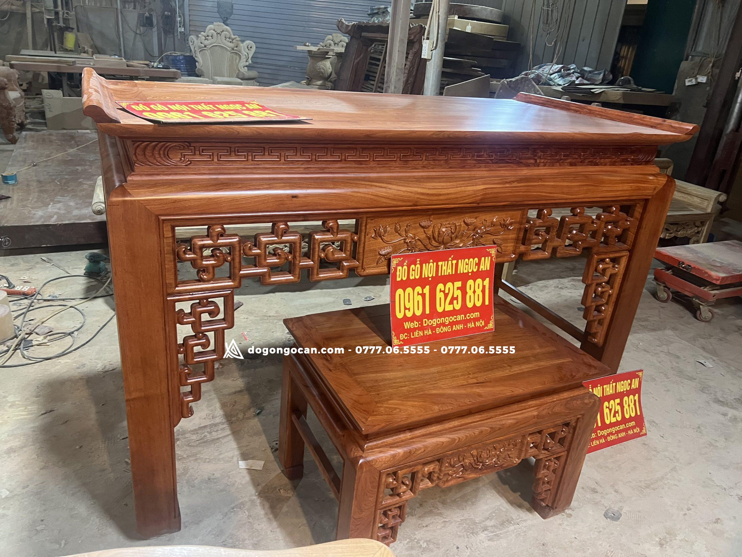 Combo án gian thờ sen triện và bàn cơm gỗ hương đá 1m97 8 Combo án gian thờ sen triện và bàn cơm gỗ hương đá 1m97