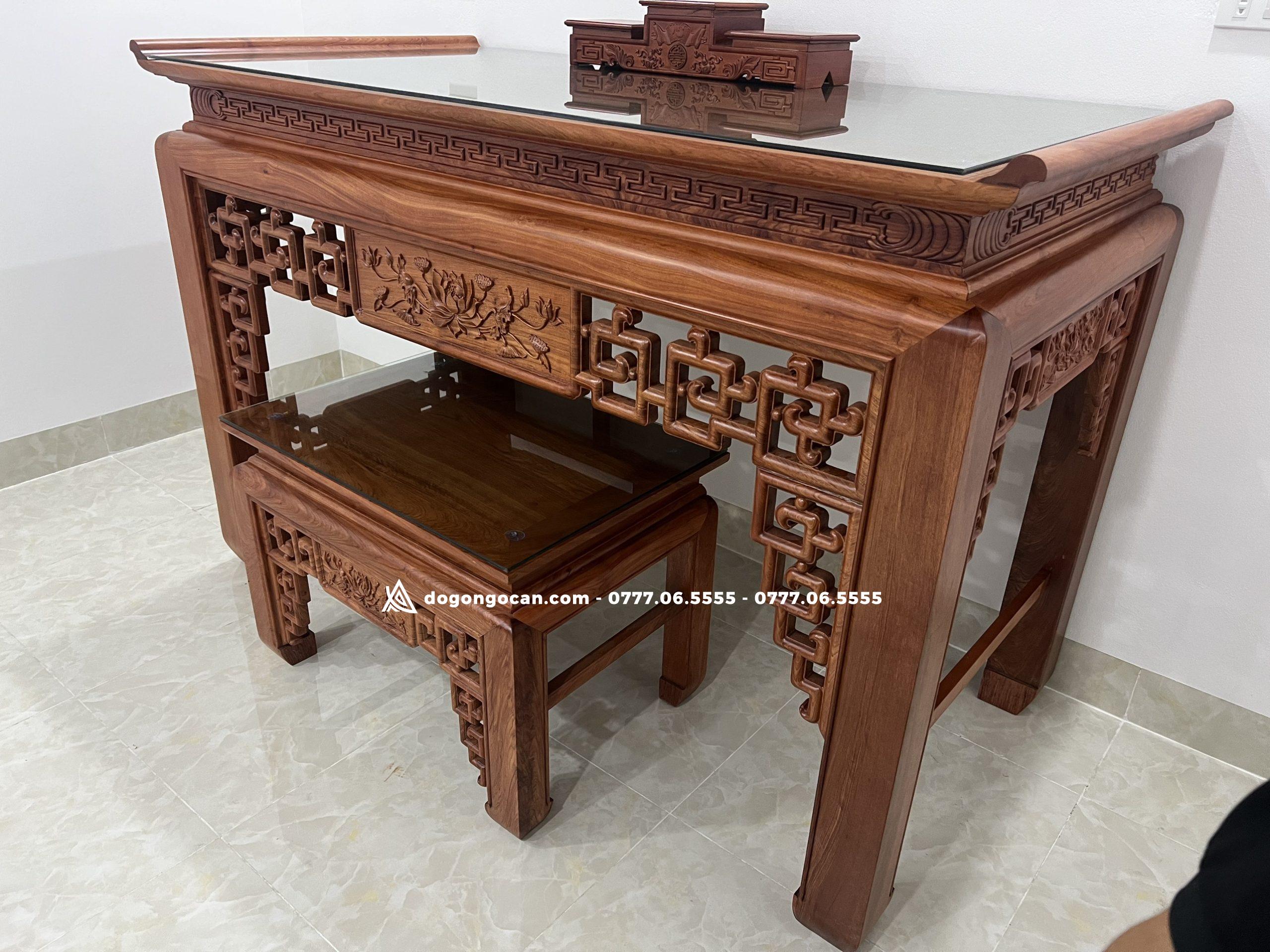 Combo án gian thờ sen triện và bàn cơm gỗ hương đá 1m97 6 Combo án gian thờ sen triện và bàn cơm gỗ hương đá 1m97