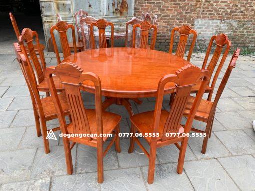 Bàn ăn tròn xoay 8 ghế sẻ quạt gỗ xoan đào hàng đẹp