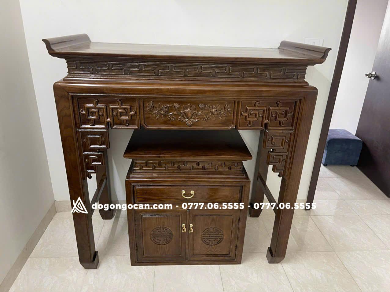 Combo bàn thờ án gian mẫu triện sen 1m27 gỗ sồi nga 2 Combo bàn thờ án gian mẫu triện sen 1m27 gỗ sồi nga