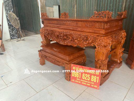 Bộ sập thờ và bàn cơm mẫu tứ linh gỗ gõ đỏ chân 24