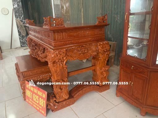 Bộ sập thờ và bàn cơm mẫu tứ linh gỗ gõ đỏ chân 24