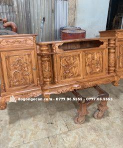 Kệ tivi cột nho đục thủ công gỗ hương đá