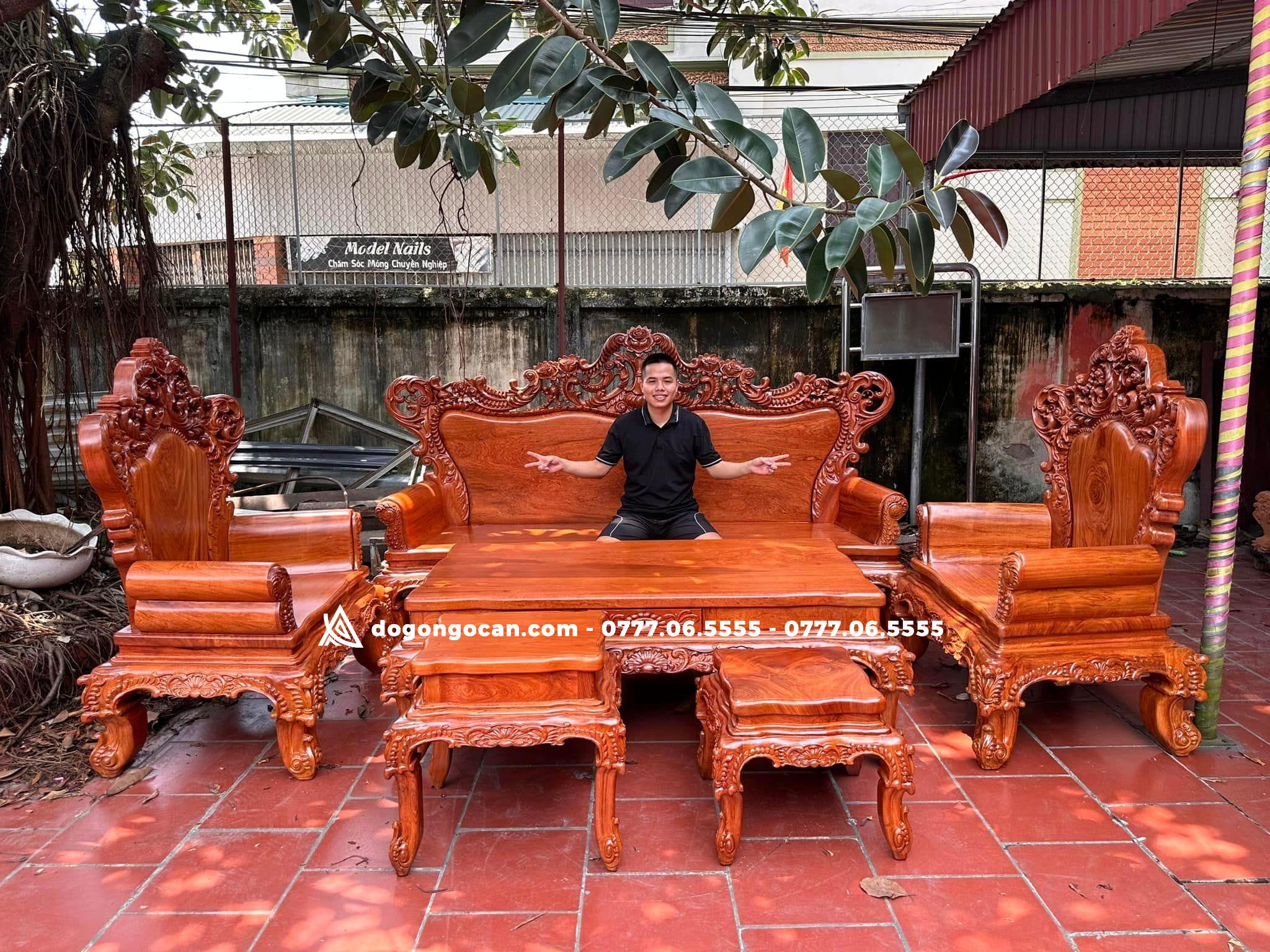 Bộ bàn ghế hoàng gia chân 16 mặt tràn siêu víp gỗ hương đá 1 Bộ bàn ghế hoàng gia chân 16 mặt tràn siêu víp gỗ hương đá