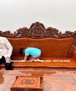 Bộ bàn ghế phòng khách gỗ hương đá mẫu Hoàng Gia chân 16cm 6 món 7 1 6