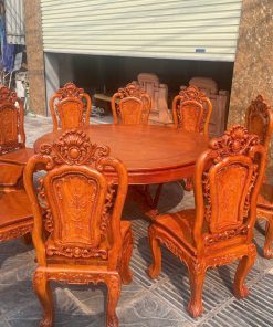 Bộ Bàn ăn tròn 1m37 kèm ghế hồng hạt gỗ hương đá cao cấp 9 Bộ Bàn ăn tròn 1m37 vs 8 ghế hồng hạt gỗ hương đá cao cấp