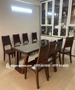 Bộ bàn ghế ăn hiện đại gỗ sồi nga kèm 8 ghế chân nguyên khối