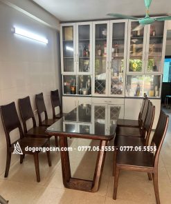 Bộ bàn ghế ăn hiện đại gỗ sồi nga kèm 8 ghế chân nguyên khối
