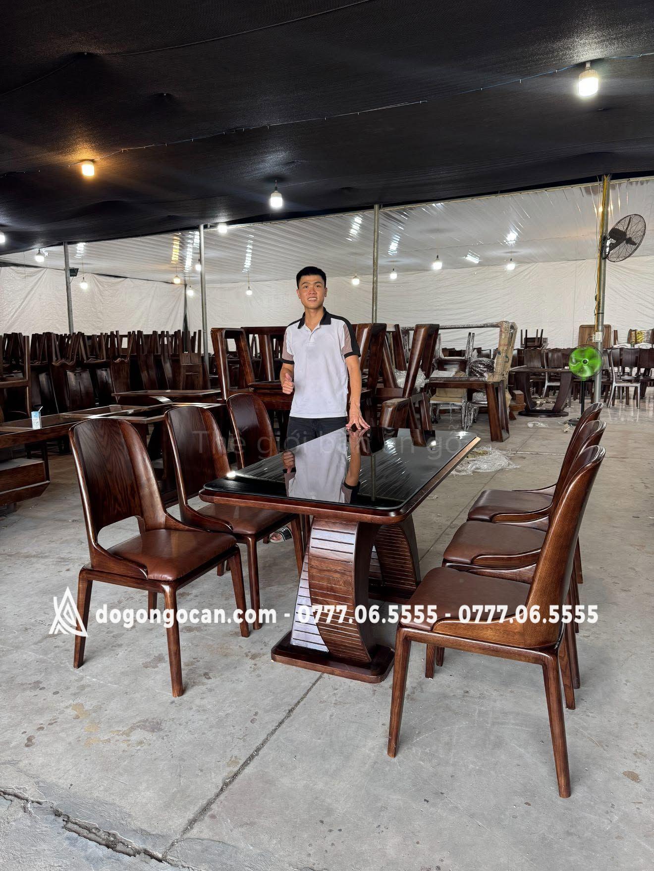 Bàn ăn chân cánh tiên gỗ sồi nga 6 ghế cánh sen mặt đệm víp 6 Bàn ăn chân cánh tiên gỗ sồi nga 6 ghế cánh sen mặt đệm víp