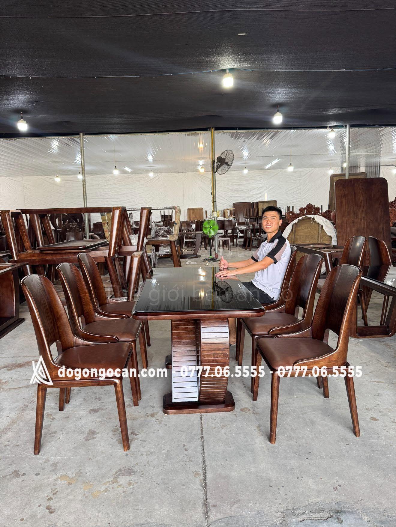 Bàn ăn chân cánh tiên gỗ sồi nga 6 ghế cánh sen mặt đệm víp 2 Bàn ăn chân cánh tiên gỗ sồi nga 6 ghế cánh sen mặt đệm víp